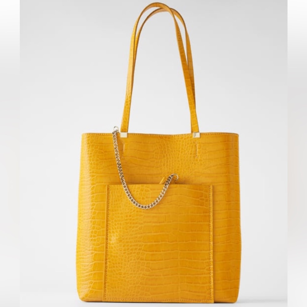 Zara Yellow Croc-Embossed Tote with Chain Accent